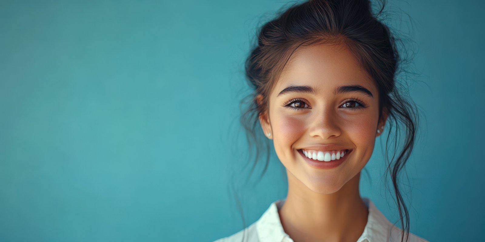 Smiling woman with long dark hair poses against a bright blue background during daylight hours, radiating joy and positivity